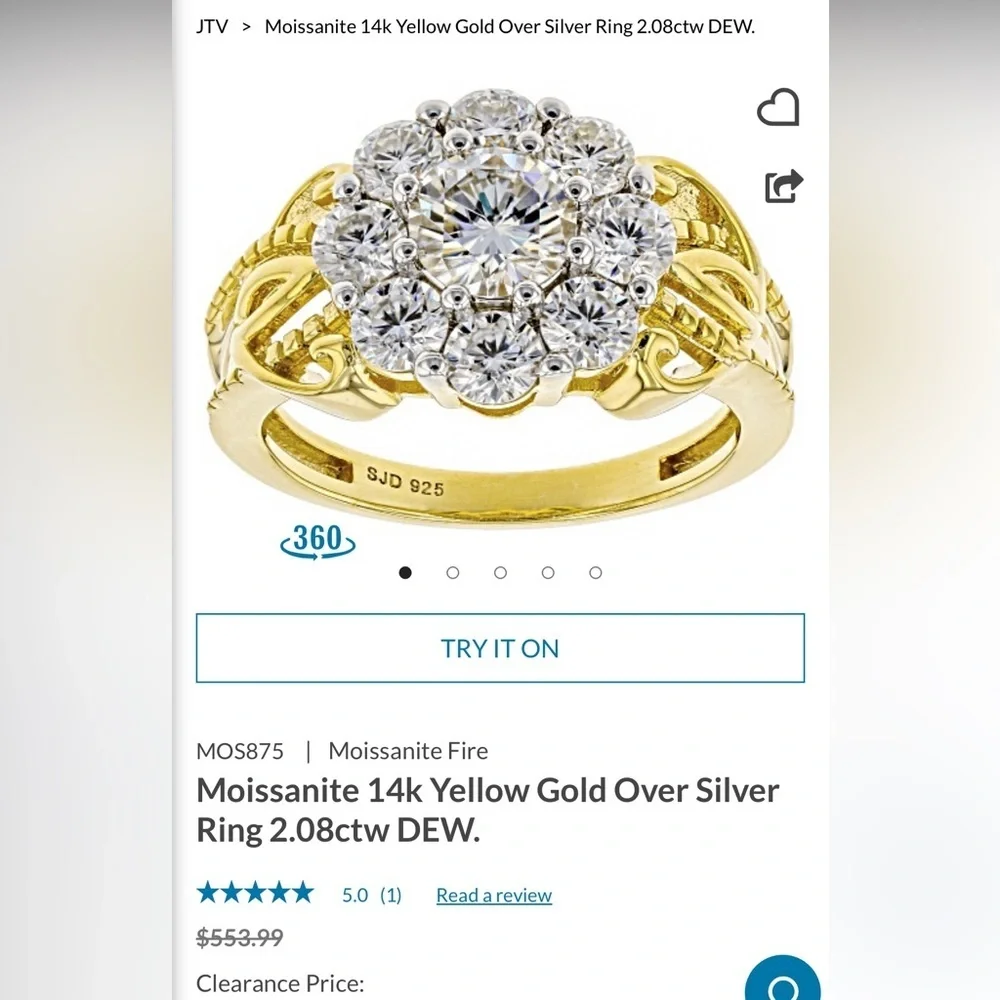 Moissanite Fire Ring 14K Yellow Gold Over 925 Silver Cluster Flower Size 6